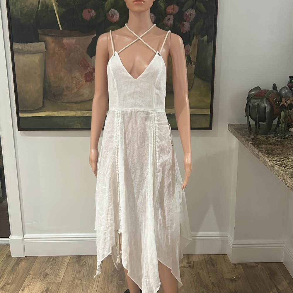 Darker Wavs/Dolls Kill white halter dress with adjustable rope for hem